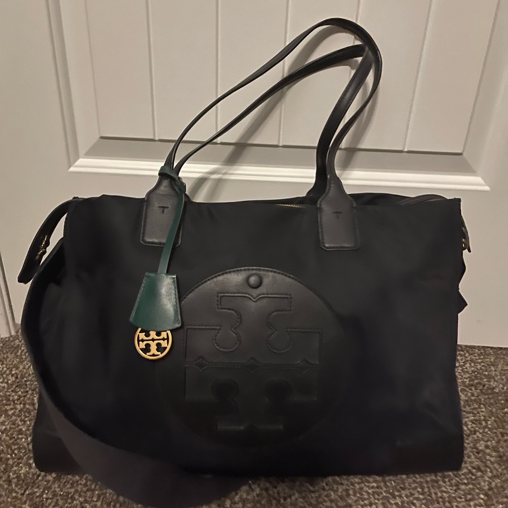 Tory Burch Black Nylon Tote with Green Leather Tag and Gold Logo Charm